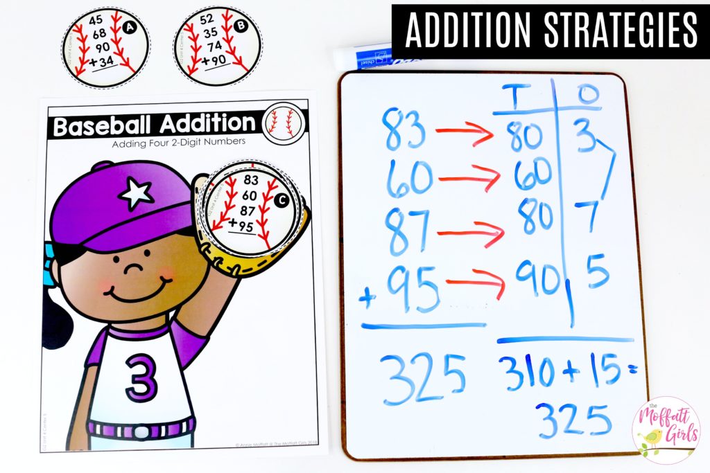 Baseball Addition with four 2-digit numbers- Tons of hands-on math centers and games to teach addition and subtraction with 2-digit and 3-digit numbers!