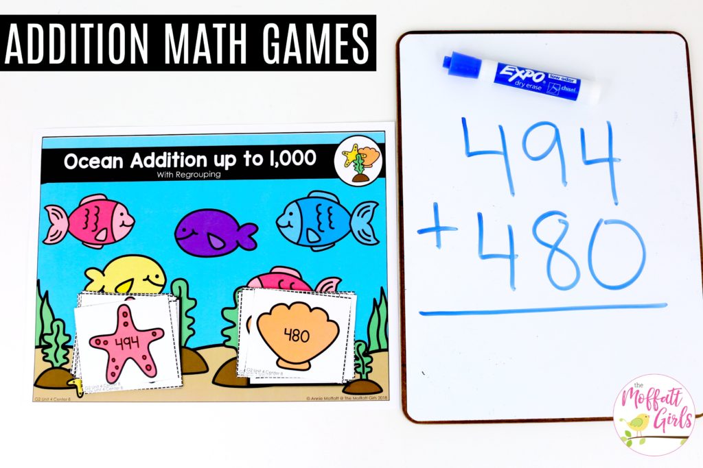 Ocean Addition with regrouping - Tons of hands-on math centers and worksheets to teach addition and subtraction with 2-digit and 3-digit numbers!
