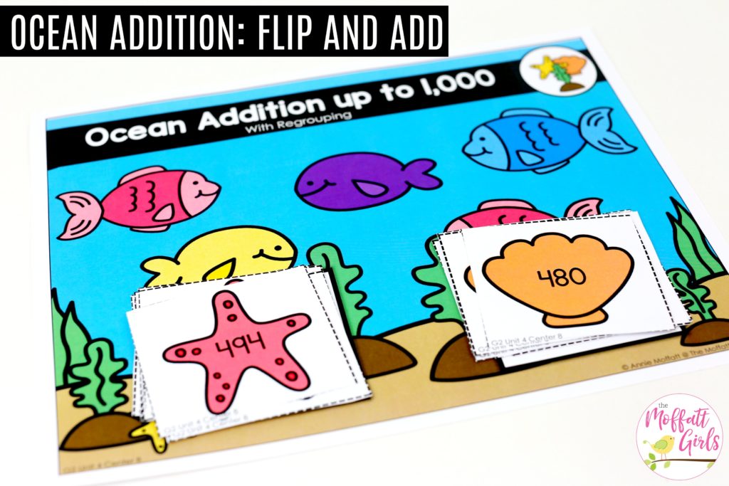 Ocean Addition with regrouping- Tons of hands-on math centers and games to teach addition and subtraction with 2-digit and 3-digit numbers!