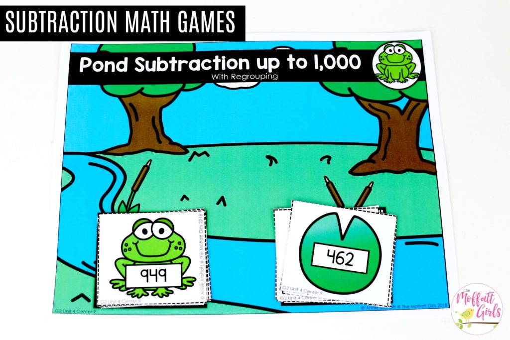 Pond Subtraction with regrouping- Tons of hands-on math centers and games to teach addition and subtraction with 2-digit and 3-digit numbers!