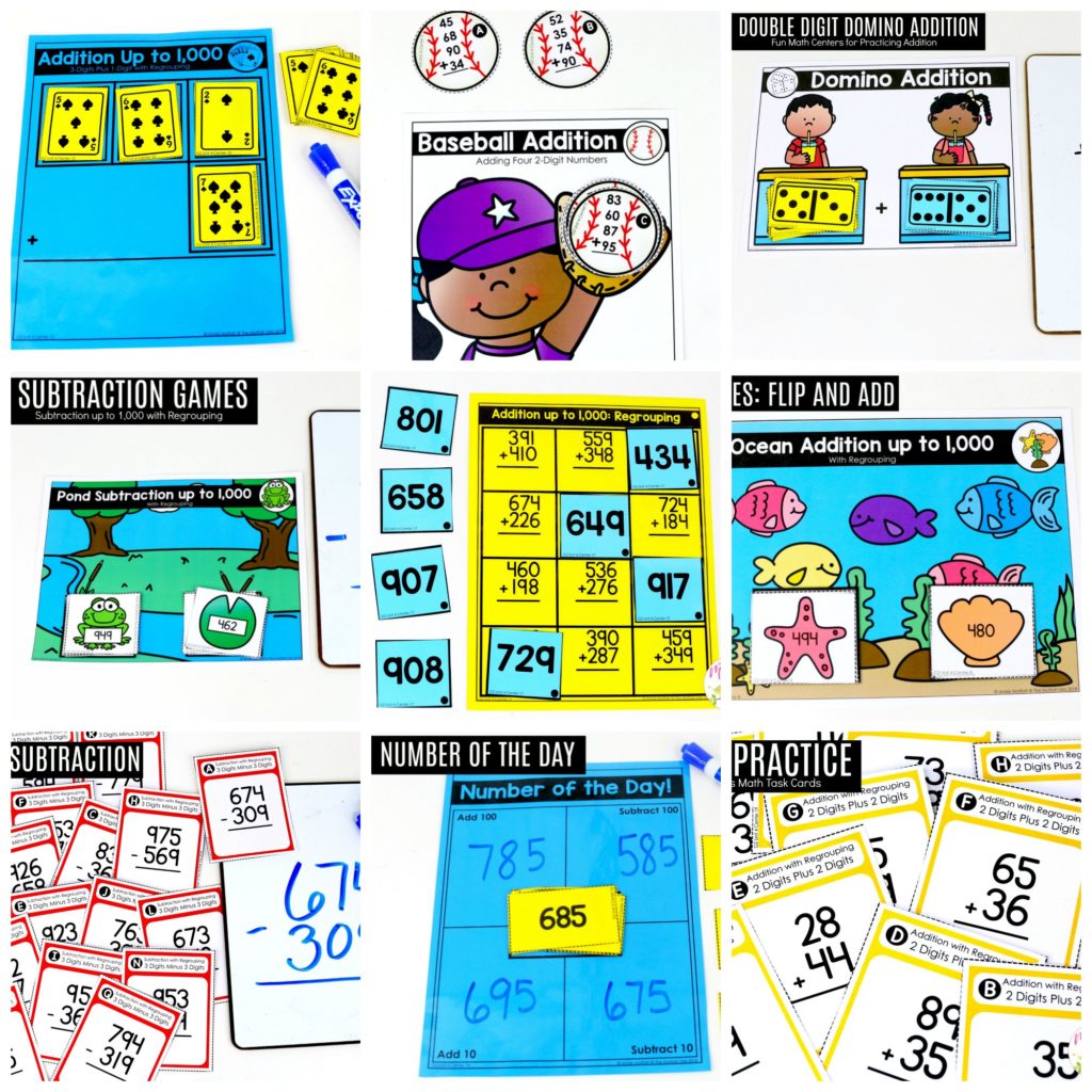 Tons of hands-on math centers to teach addition and subtraction with 2-digit and 3-digit numbers!