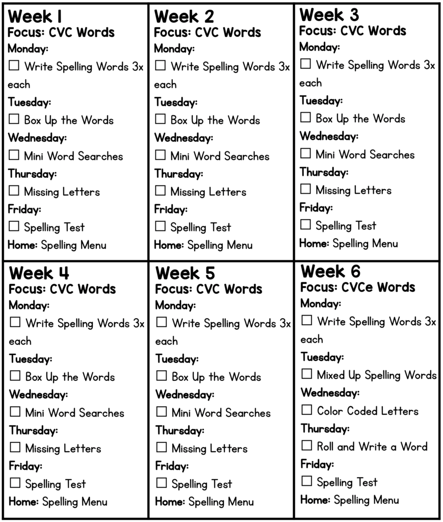 first grade spelling homework menu